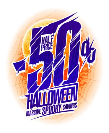 Téléchargez les photos : Vente Halloween, -50 pour cent de réduction, moitié prix, bannière vectorielle de vacances maquette - en image libre de droit