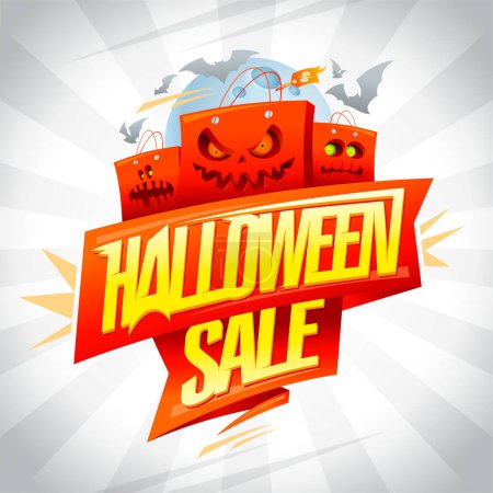 Téléchargez les illustrations : Modèle de bannière de vente Halloween avec sacs et chauves-souris rouges en colère - en licence libre de droit