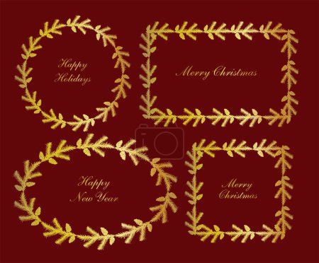 Ilustración de Surtido de abeto dorado conjunto de marcos de corona de Navidad, doodle estilo vector bordes colección - Imagen libre de derechos