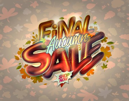 Téléchargez les photos : Modélisation vectorielle finale de bannière web de vente d'automne avec lettrage de style 3D brillant et toile de fond de feuilles d'automne - en image libre de droit