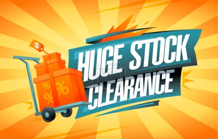 Illustration for Huge stock clearance, vector banner mockup with boxes on a shopping cart and backdrop with rays - Royalty Free Image