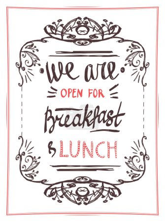 Téléchargez les illustrations : Nous sommes ouverts pour le petit déjeuner et le déjeuner - panneau de menu publicitaire, illustration vectorielle de style vintage - en licence libre de droit