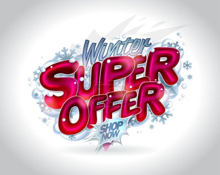 Ilustración de Winter super offer advertisement banner vector template with glossy lettering - Imagen libre de derechos