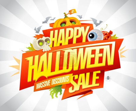 Téléchargez les illustrations : Concept de bannière de vente d'Halloween avec des symboles d'Halloween citrouilles, main zombie et crâne - en licence libre de droit