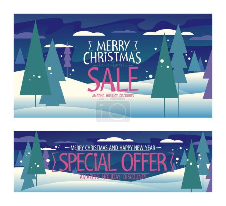 Ilustración de Feliz Navidad venta y Feliz Año Nuevo oferta especial, descuentos de vacaciones banderas vectoriales - Imagen libre de derechos