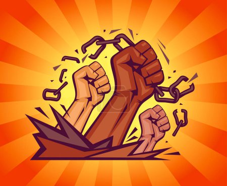 Illustration for Multiracial fists tearing chains on a rays background - Royalty Free Image