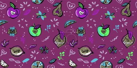 Téléchargez les illustrations : Modèle vectoriel sans couture végétalien avec des fruits, couleurs de fruits fantaisie vibrante - en licence libre de droit