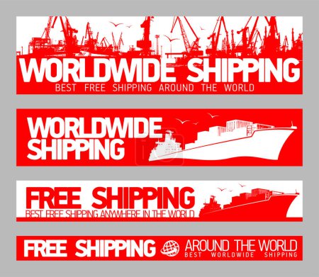 Ilustración de Conjunto de vector de banners web de envío gratuito a nivel mundial con buques de carga y siluetas portuarias - Imagen libre de derechos