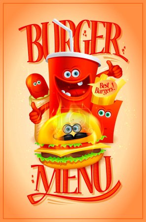 Téléchargez les illustrations : Liste de menus de hamburgers avec hot dog, hamburger, frites et boissons gazeuses comme personnages de dessins animés - en licence libre de droit