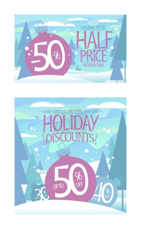 Illustration for Half price, holiday discounts up to 50 percent off, Christmas sale offer vector banners set with Christmas tree toys - Royalty Free Image
