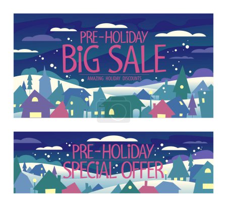 Illustration for Pre-Holiday big sale and special offer, Christmas vector web banners set with snowy winter town landscape on the backdrop - Royalty Free Image