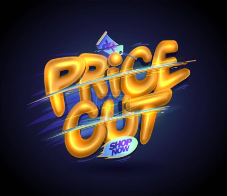 Illustration for Price cut, sale web banner template with shiny 3D golden lettering - Royalty Free Image