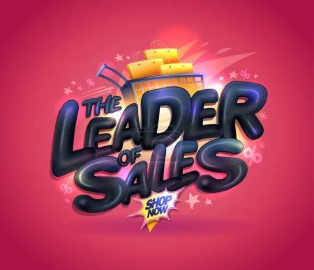 Illustration for The leader of sales, vector web banner mockup with glossy black letters and golden boxes in a cart - Royalty Free Image