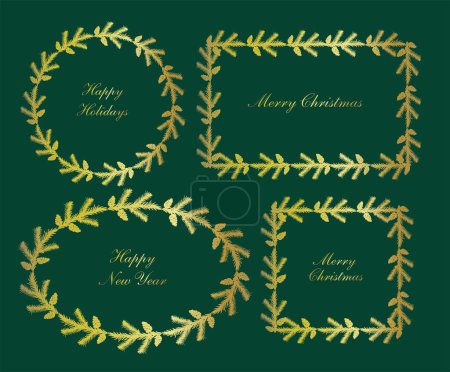 Illustration for Assorted shapes Christmas fir wreath frames set, doodle style golden colored vector illustration - Royalty Free Image