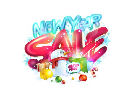 Téléchargez les photos : Nouvelle année vente web bannière maquette avec des lettres brillantes de style 3D, bonhomme de neige et boules de Noël - en image libre de droit