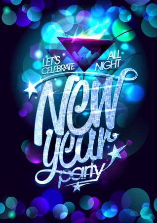 Ilustración de Cartel de fiesta de Año Nuevo o mockup vector volante con gafas de martini y luces multicolores telón de fondo, adecuado para la cubierta de menú de bar de vacaciones - Imagen libre de derechos