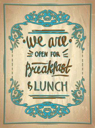Téléchargez les photos : Nous sommes ouverts pour le petit déjeuner et le déjeuner - panneau de menu publicitaire, illustration vectorielle de style vintage dessinée à la main - en image libre de droit
