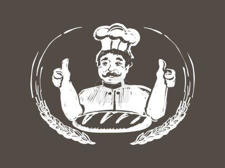 Ilustración de Baker mostrando pulgares hacia arriba, placa de panadería o etiqueta estilo vintage vector ilustración con pan. Plantilla de diseño de logotipo de estilo retro - Imagen libre de derechos