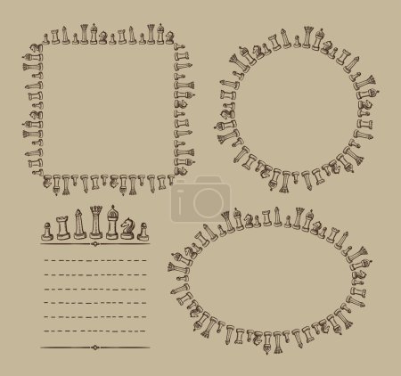 Illustration for Chess frames set with chess figures and place for text, chess card templates, hand drawn vector illustration - Royalty Free Image