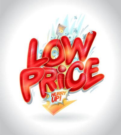 Illustration for Low price, sale web banner template with red glossy lettering and golden arrow - Royalty Free Image