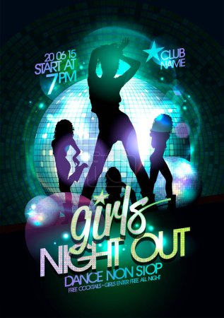 Ilustración de Niñas noche fuera partido vector cartel o banner web con baile espectáculo de mujeres y bolas de discoteca - Imagen libre de derechos