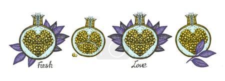 Ilustración de Granadas de hadas amarillas gráficos vectoriales bocetos, granadas símbolos con semillas en forma de corazón en el interior - Imagen libre de derechos