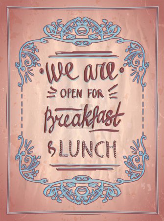 Ilustración de Estamos abiertos para el desayuno y el almuerzo - tablero de menú signo de publicidad, ilustración vectorial dibujado a mano - Imagen libre de derechos