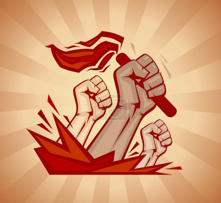 Illustration for Vector poster with hands raised up, one hand holding torch - Royalty Free Image