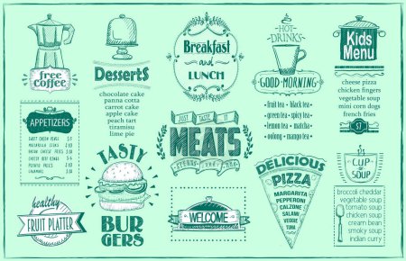 Ilustración de Lista de menús estilo periódico antiguo con desayuno y almuerzo, comida rápida, aperitivos, postres, bebidas y comidas de menú para niños. - Imagen libre de derechos