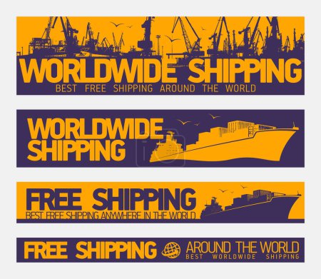 Ilustración de Entrega gratuita en todo el mundo banners web colección de vectores con buques de carga en el puerto - Imagen libre de derechos