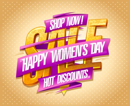 Illustration for Happy Women's day hot discounts, vector poster or web banner template for 8 march holiday sale - Royalty Free Image