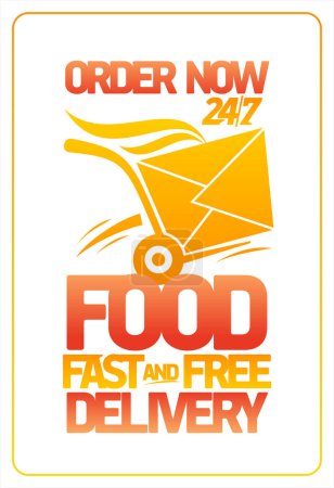 Illustration for Fast and free food delivery vector banner with fast box symbol, twenty-four hours a day delivery placard - Royalty Free Image