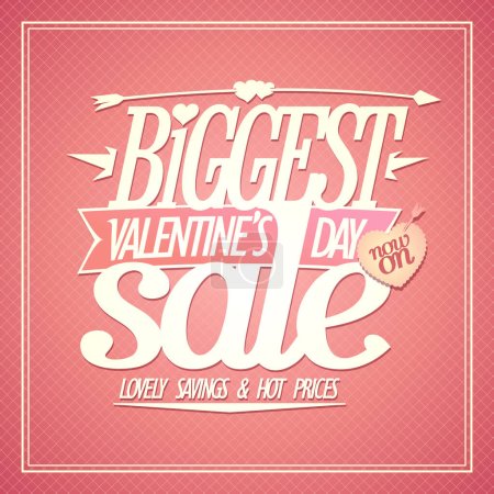 Illustration for Biggest Valentine's day sale vector banner, lovely savings and hot prices holiday flyer - Royalty Free Image