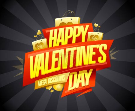 Ilustración de Feliz día de San Valentín venta mega descuentos, diseño de póster vectorial con letras de oro y bolsa de comprador de oro - Imagen libre de derechos