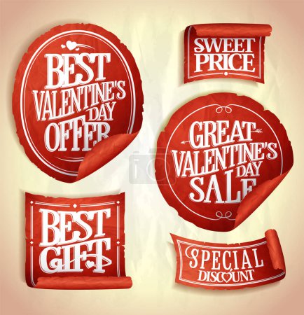 Ilustración de Set de pegatinas de San Valentín - Ofertas de vacaciones, descuento especial, precio dulce, mejores regalos, mejor oferta de San Valentín - Imagen libre de derechos