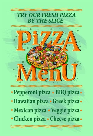 Illustration for Pizza menu vector poster illustration with empty space for text - Royalty Free Image