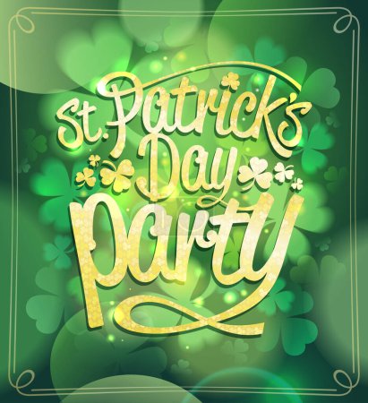 Ilustración de Plantilla de póster vectorial de Patrick 's Day con fondo de trébol verde y título dorado - Imagen libre de derechos