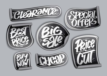Illustration for Buy now, cheap, special offer, price cut, beat price and clearance - vector stickers set with hand drawn lettering - Royalty Free Image