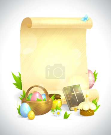 Illustration for Easter empty paper blank mockup, empty paper roll with bible, basket and colored eggs Easter symbols - Royalty Free Image