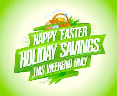 Ilustración de Feliz Pascua venta web banner con una cesta y una cinta verde, vacaciones ahorros de Pascua - Imagen libre de derechos