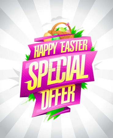 Foto de Feliz Pascua oferta especial de diseño volante de vacaciones con cintas y una cesta con huevos de colores - Imagen libre de derechos