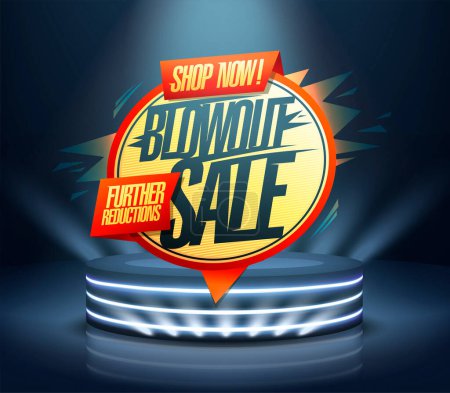 Illustration for Blowout sale further reductions, shop now, vector web banner template with podium and rays of lights - Royalty Free Image