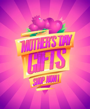 Téléchargez les illustrations : Boutique de cadeaux de la fête des mères maintenant, design d'affiche de publicité vectorielle avec des fleurs de tulipes et des rubans - en licence libre de droit