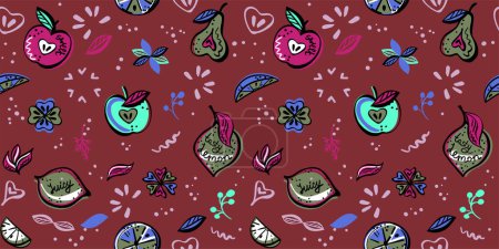 Foto de Estilo vegano patrón de vector sin costuras con fruta, vibrantes colores de fantasía plantilla de fondo - Imagen libre de derechos