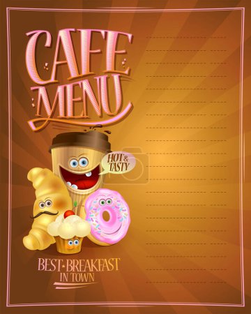 Illustration for Cafe menu sign board design mockup with empty space for text and coffee, croissant, muffin and donut cartoon personages - Royalty Free Image