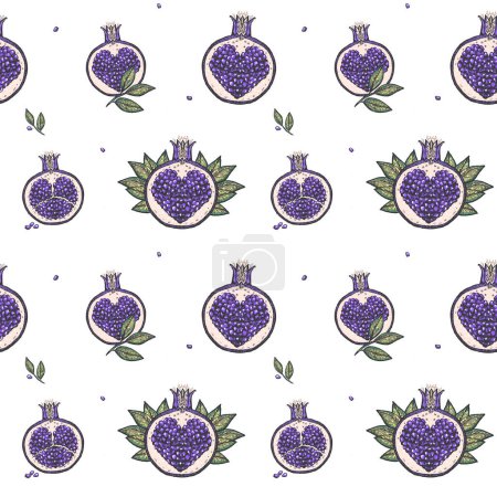 Foto de Patrón vectorial inconsútil de granadas de hadas violeta con lindos símbolos de boceto de frutas de granada dibujadas a mano, semillas en forma de corazón en el interior, impresión de estilo vintage - Imagen libre de derechos