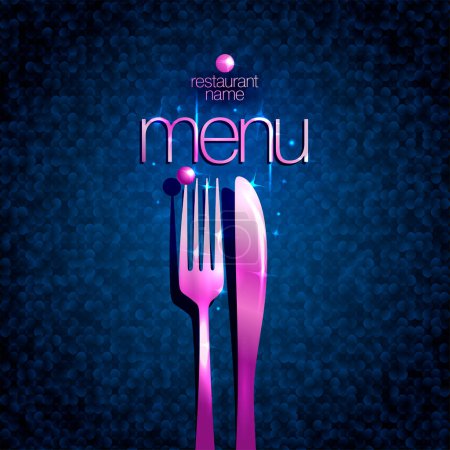 Ilustración de Diseño de la cubierta de la tarjeta del menú del restaurante, con tenedor y cuchillo brillante rosa, y fondo azul profundo del mosaico - Imagen libre de derechos