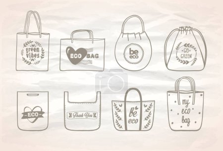 Illustration for Tote bags graphic symbols set on a crumpled paper, eco style, hand drawn vector illustration with assorted shopper bags - Royalty Free Image