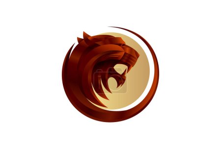 Red tiger or lion head profile portrait with golden moon, vector logotype, circle 3D sign