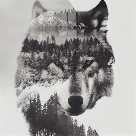 Photo for Double exposure. Pictures of wolves and forest - Royalty Free Image